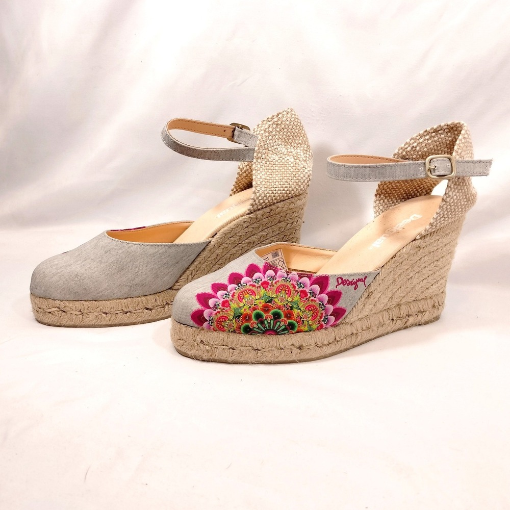 Desigual Espadrille Wedges; Floral Mandala Ankle Strap Platform Shoes